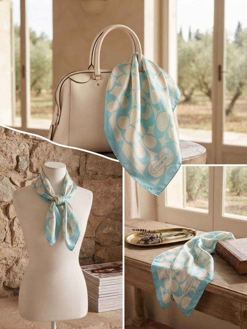 Coach Signature Print Silk Square Scarf in Bright Turquoise